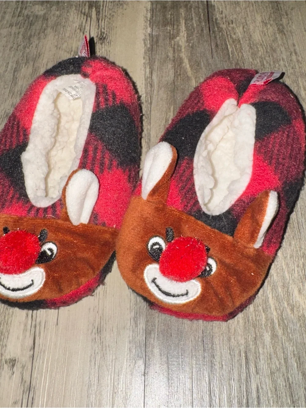 Kids Plush Reindeer Slipper Shoes - Red Plaid